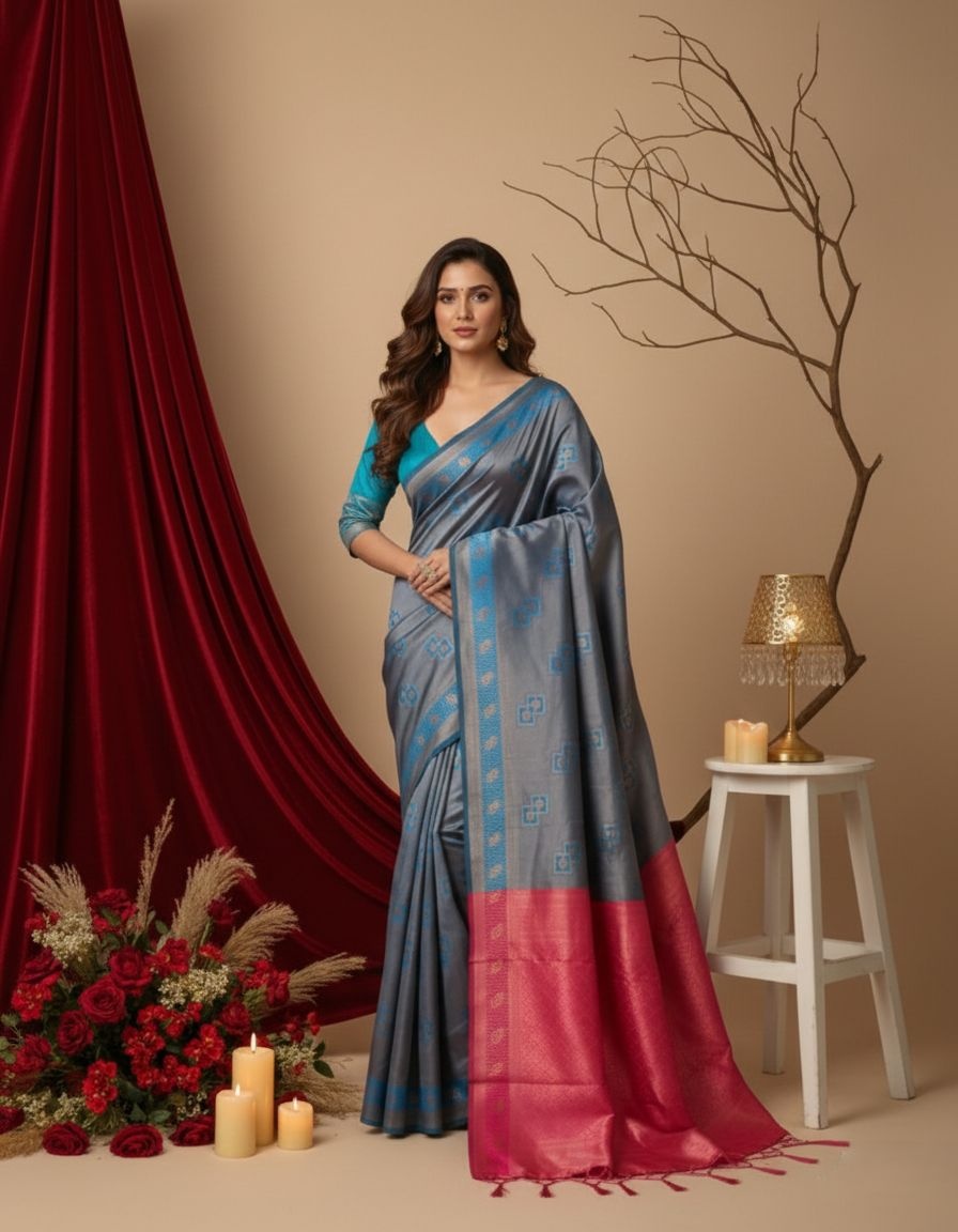 Teal Blue Heritage Zari Silk Contrast Border Saree