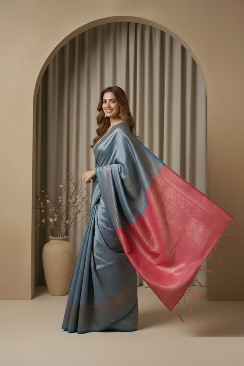 Teal Blue Heritage Zari Silk Rich Pallu Saree
