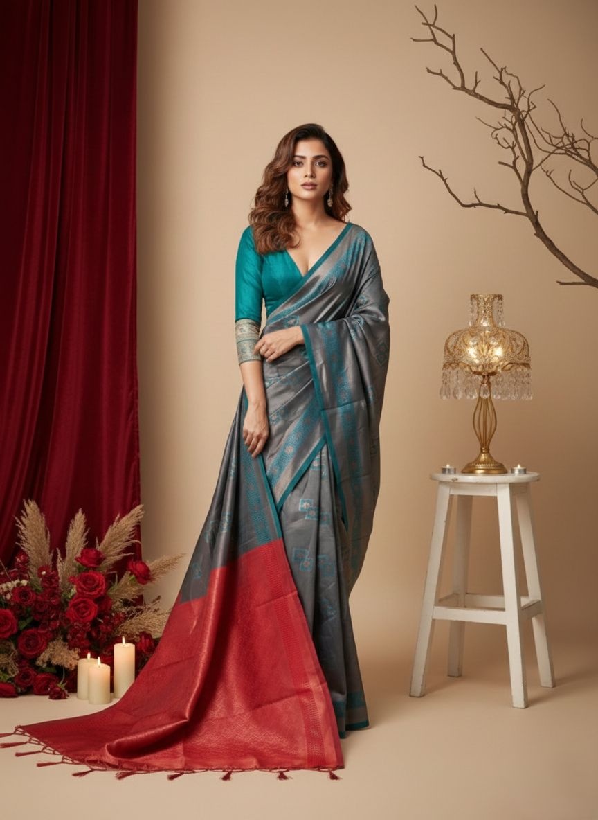 Teal Blue Heritage Zari Silk Temple Border Saree