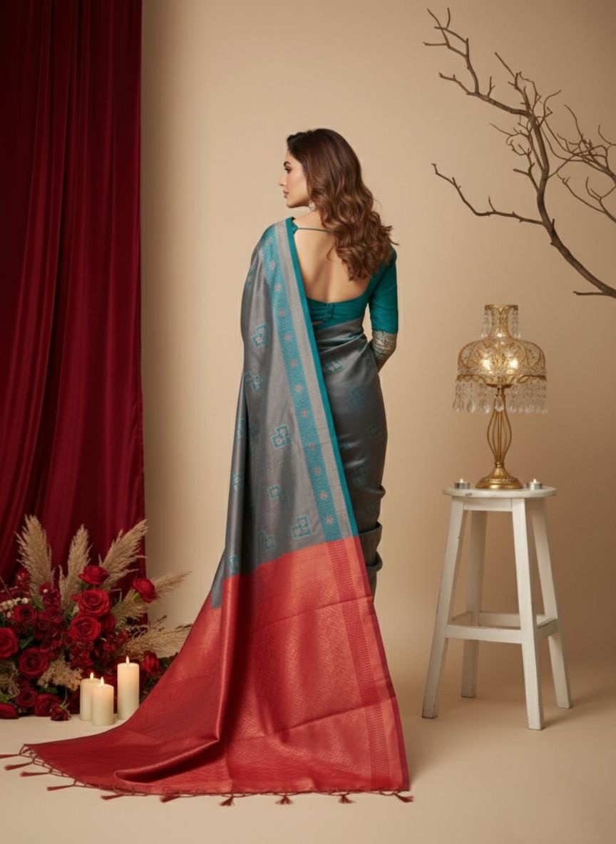 Teal Blue Heritage Zari Silk Temple Border Saree — alternate view