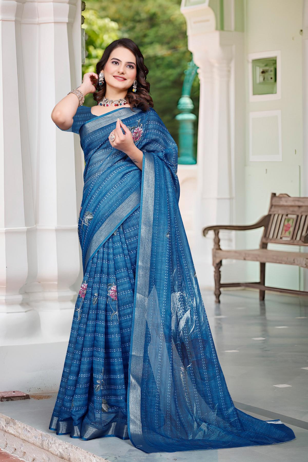 Teal Blue Linen Cotton Saree