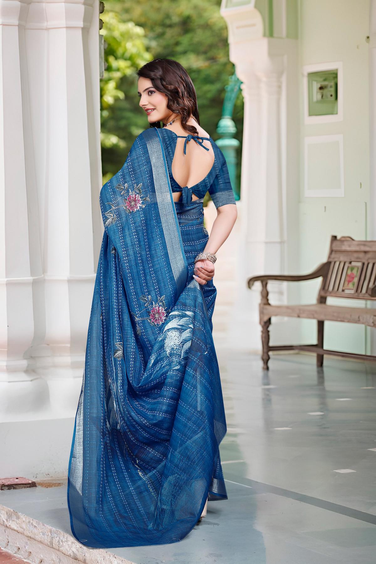 Teal Blue Linen Cotton Saree — alternate view