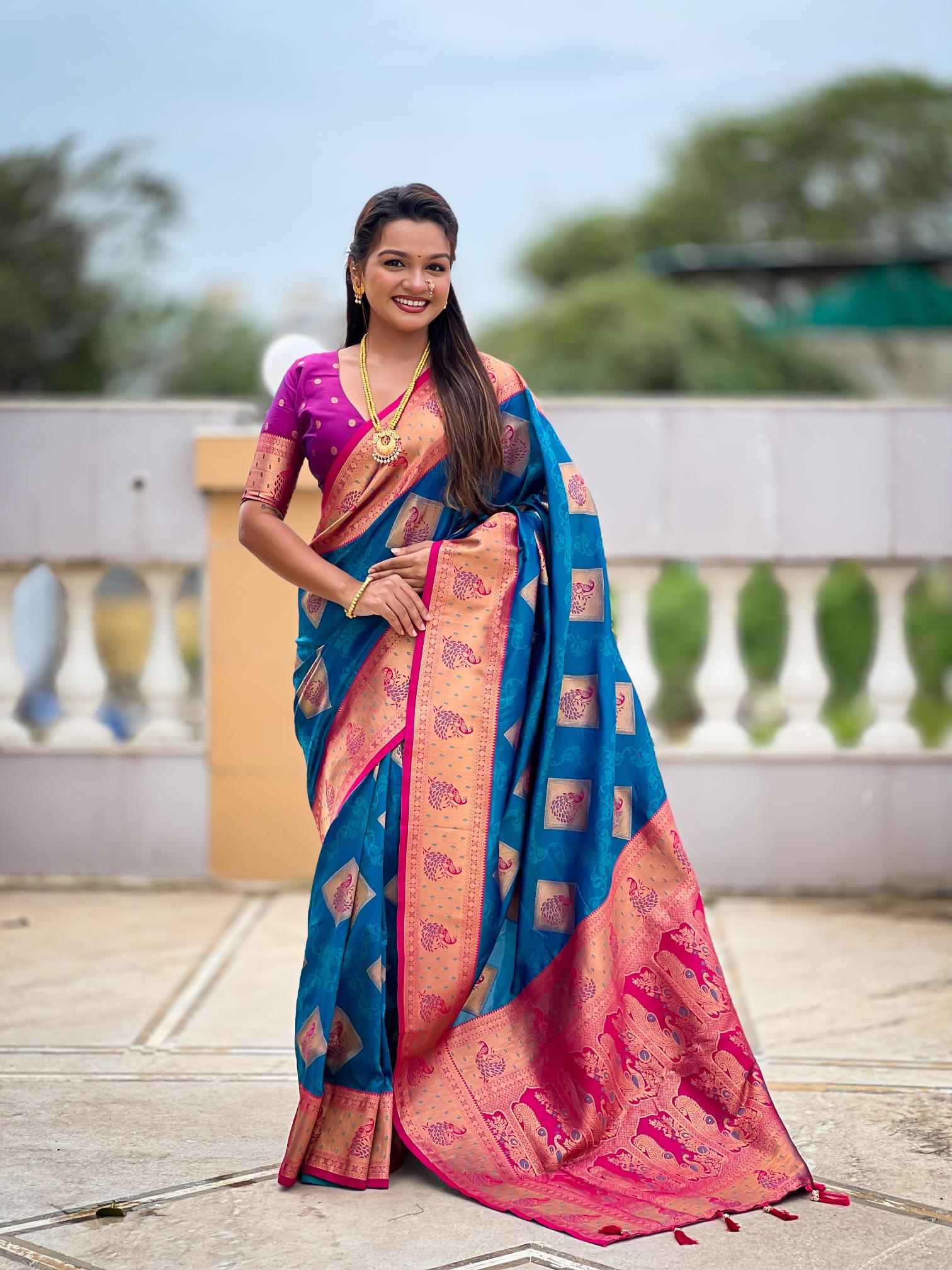 Teal Blue Magenta Banarasi Silk Saree