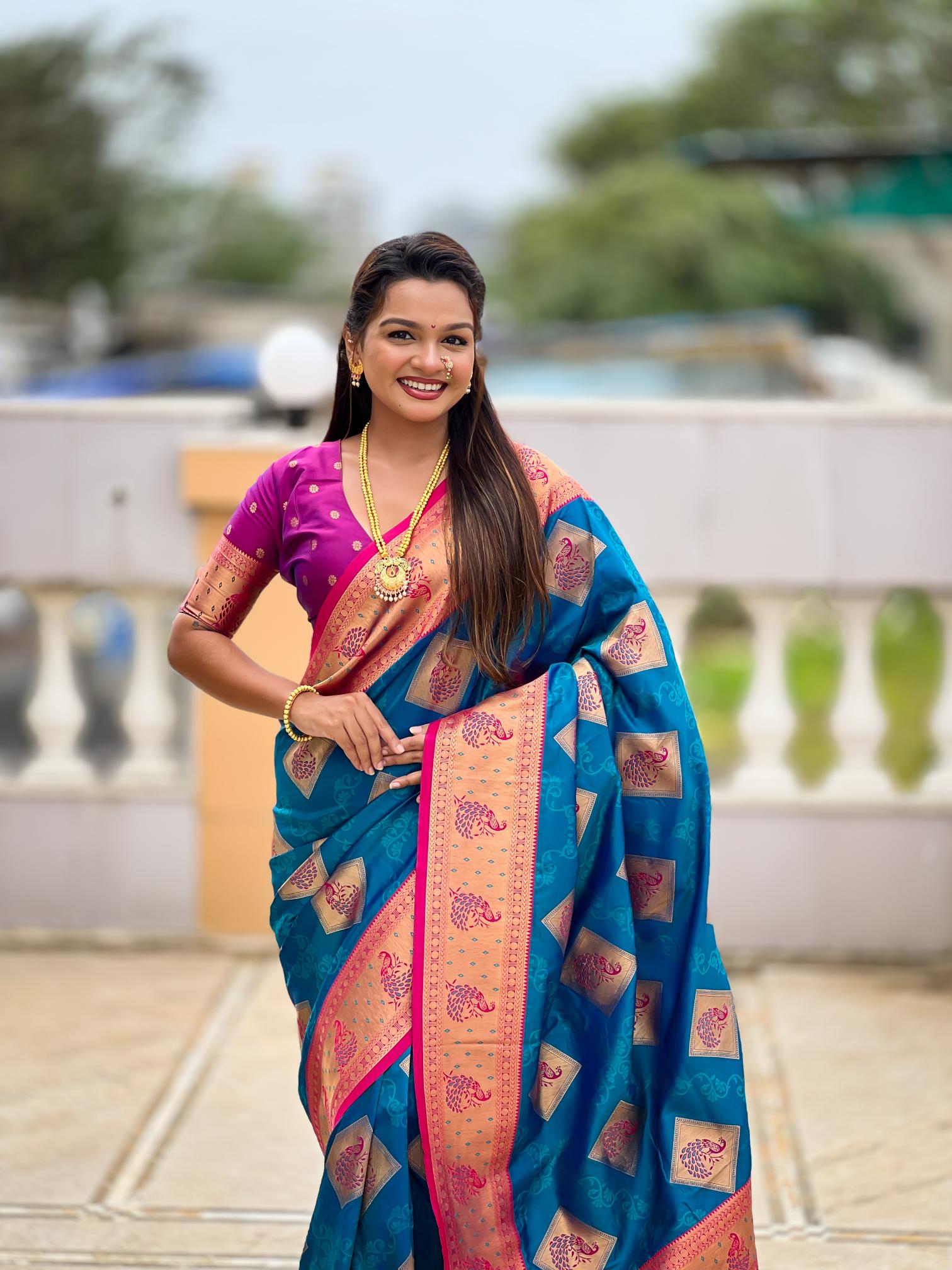 Teal Blue Magenta Banarasi Silk Saree — alternate view