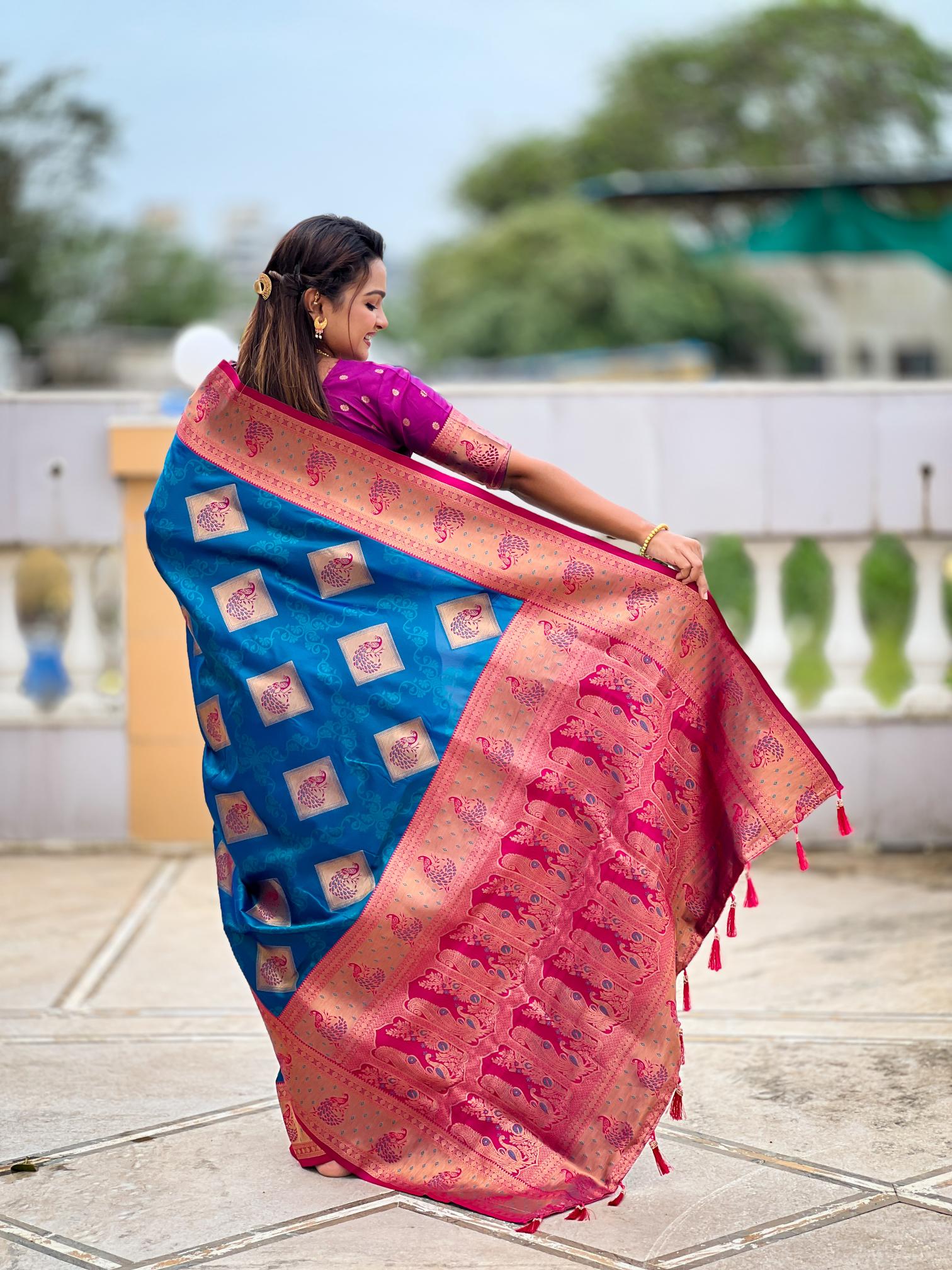 Teal Blue Magenta Banarasi Silk Saree