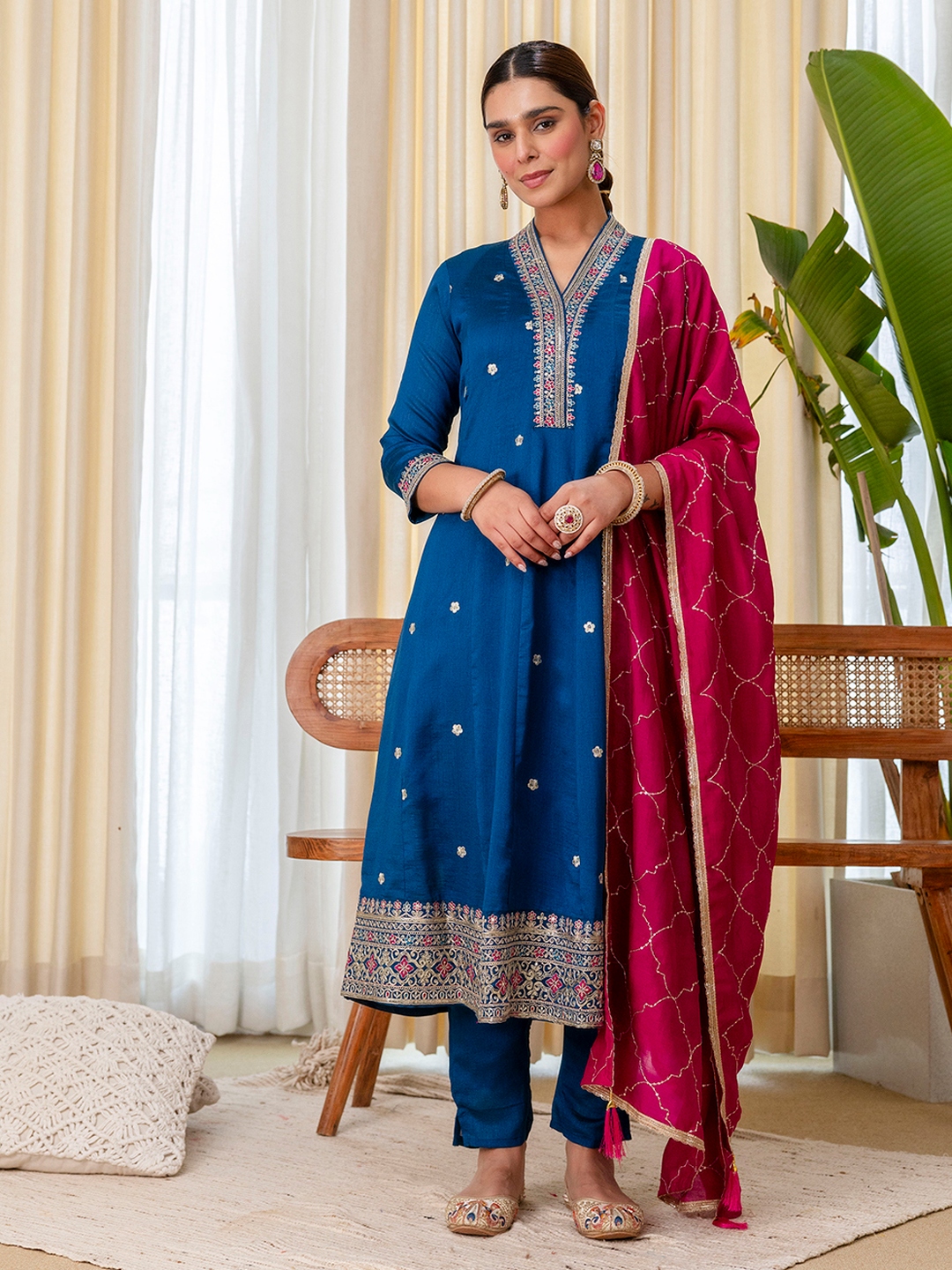 Teal Blue Minimal Embroidery Silk Blend Salwar Suit
