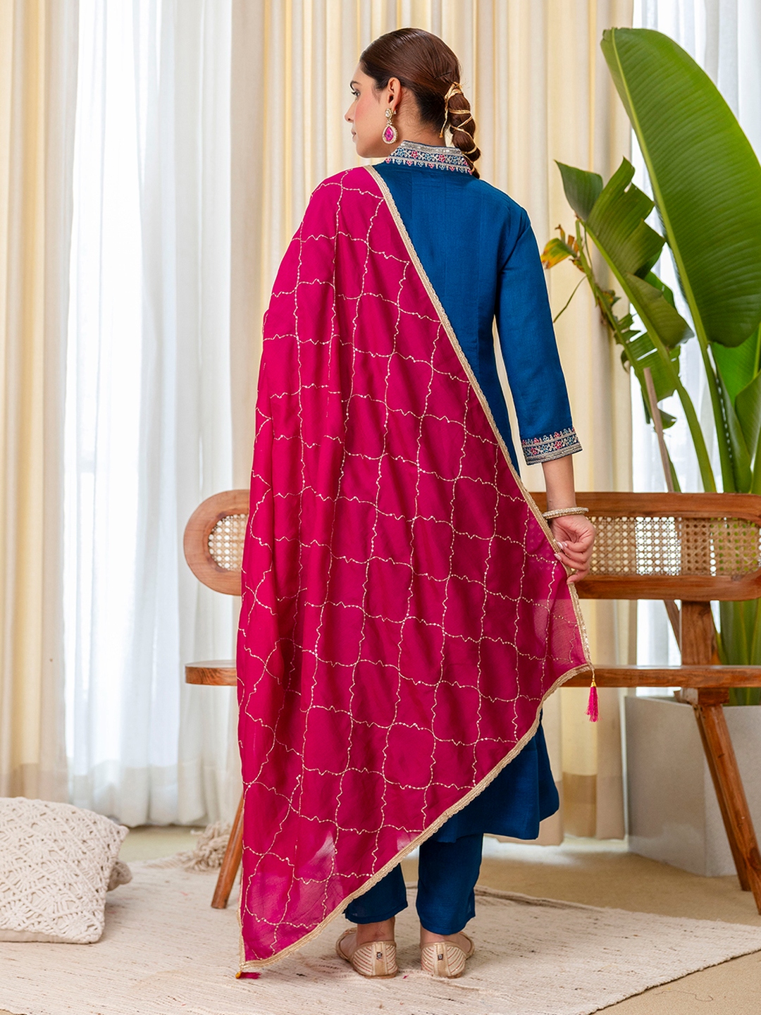 Teal Blue Minimal Embroidery Silk Blend Salwar Suit — alternate view
