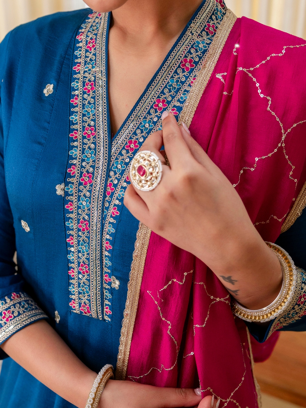 Teal Blue Minimal Embroidery Silk Blend Salwar Suit