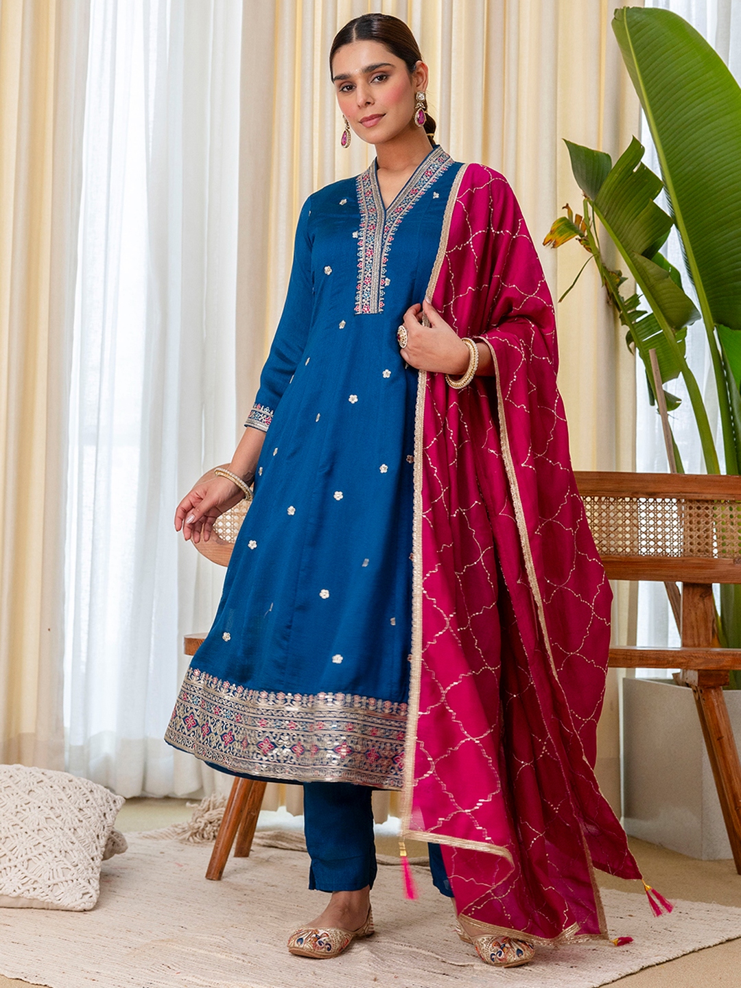Teal Blue Minimal Embroidery Silk Blend Salwar Suit
