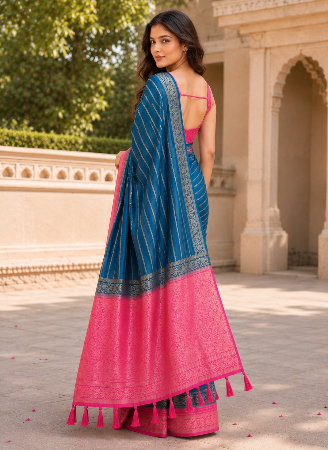 Teal Blue N Rani Pink Heritage Woven Saree — alternate view