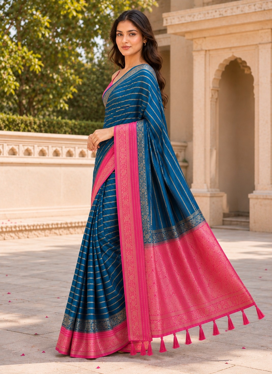 Teal Blue N Rani Pink Heritage Woven Saree