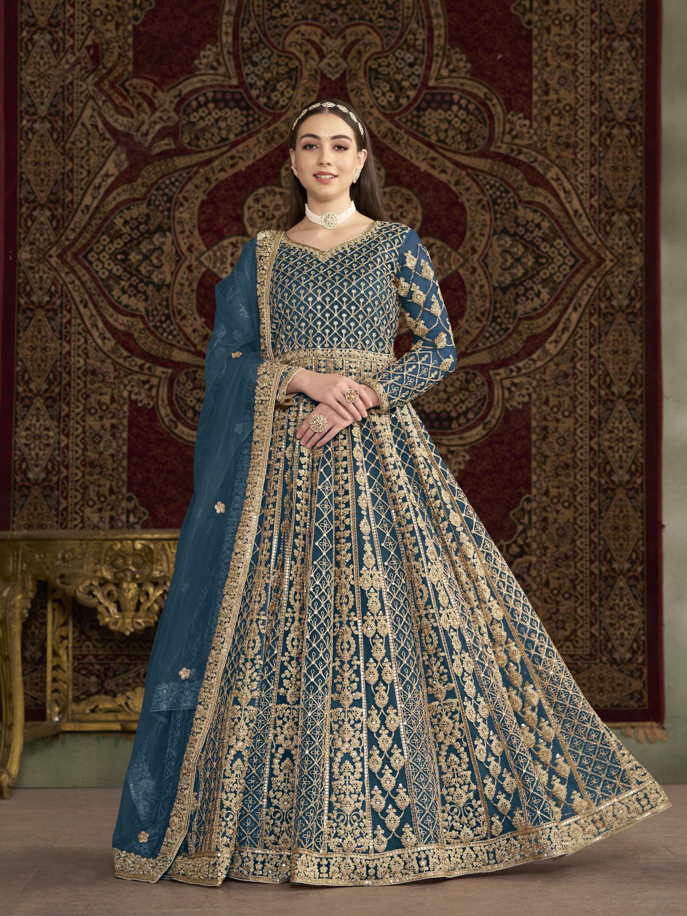 Teal Blue Net Embroidery Gown
