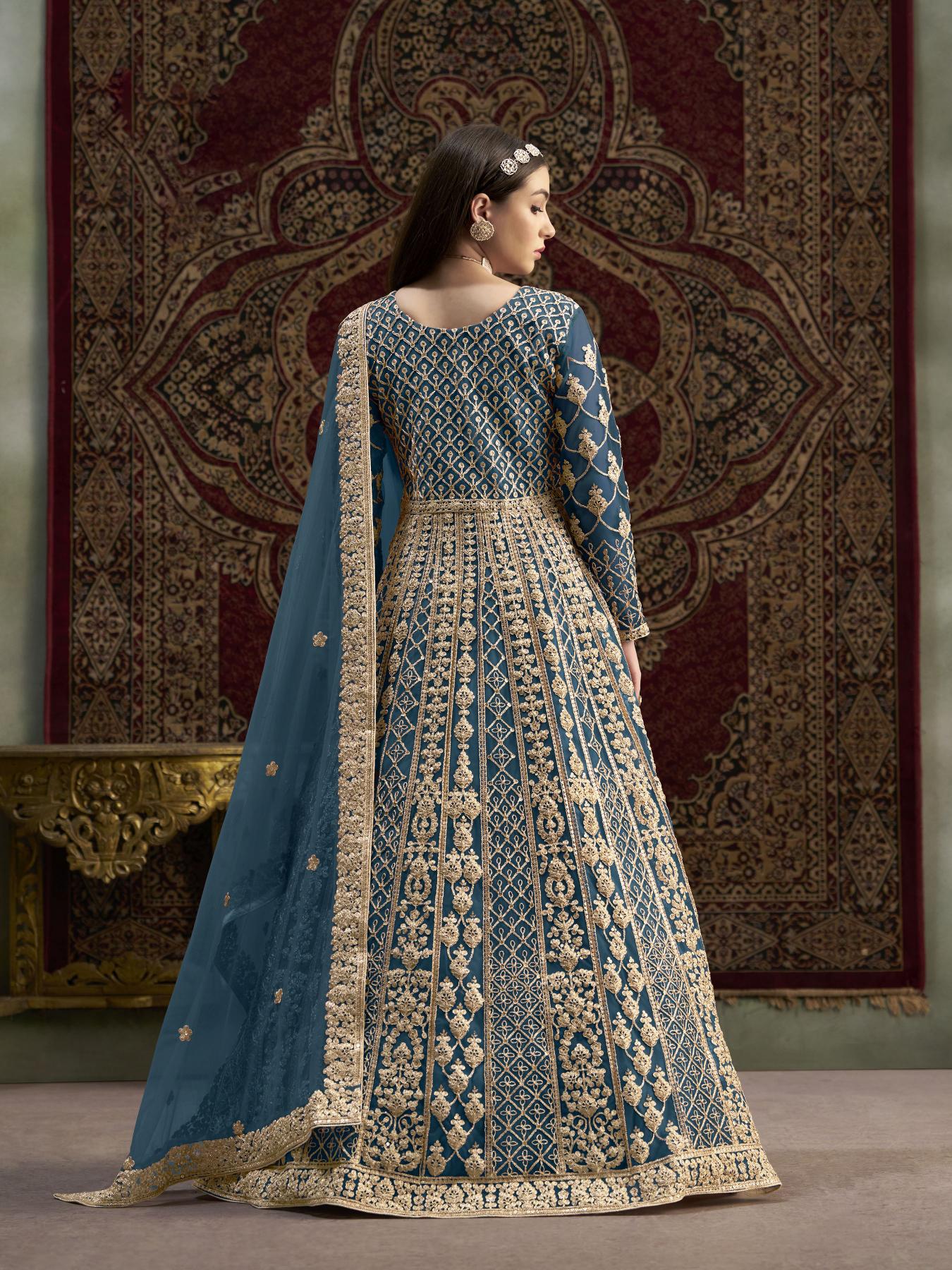Teal Blue Net Embroidery Gown — alternate view