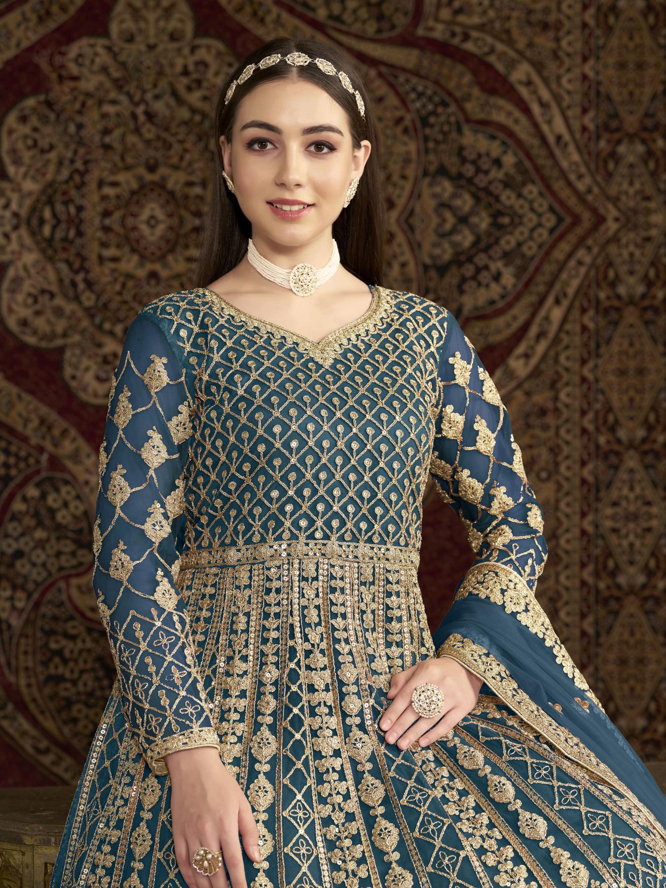 Teal Blue Net Embroidery Gown