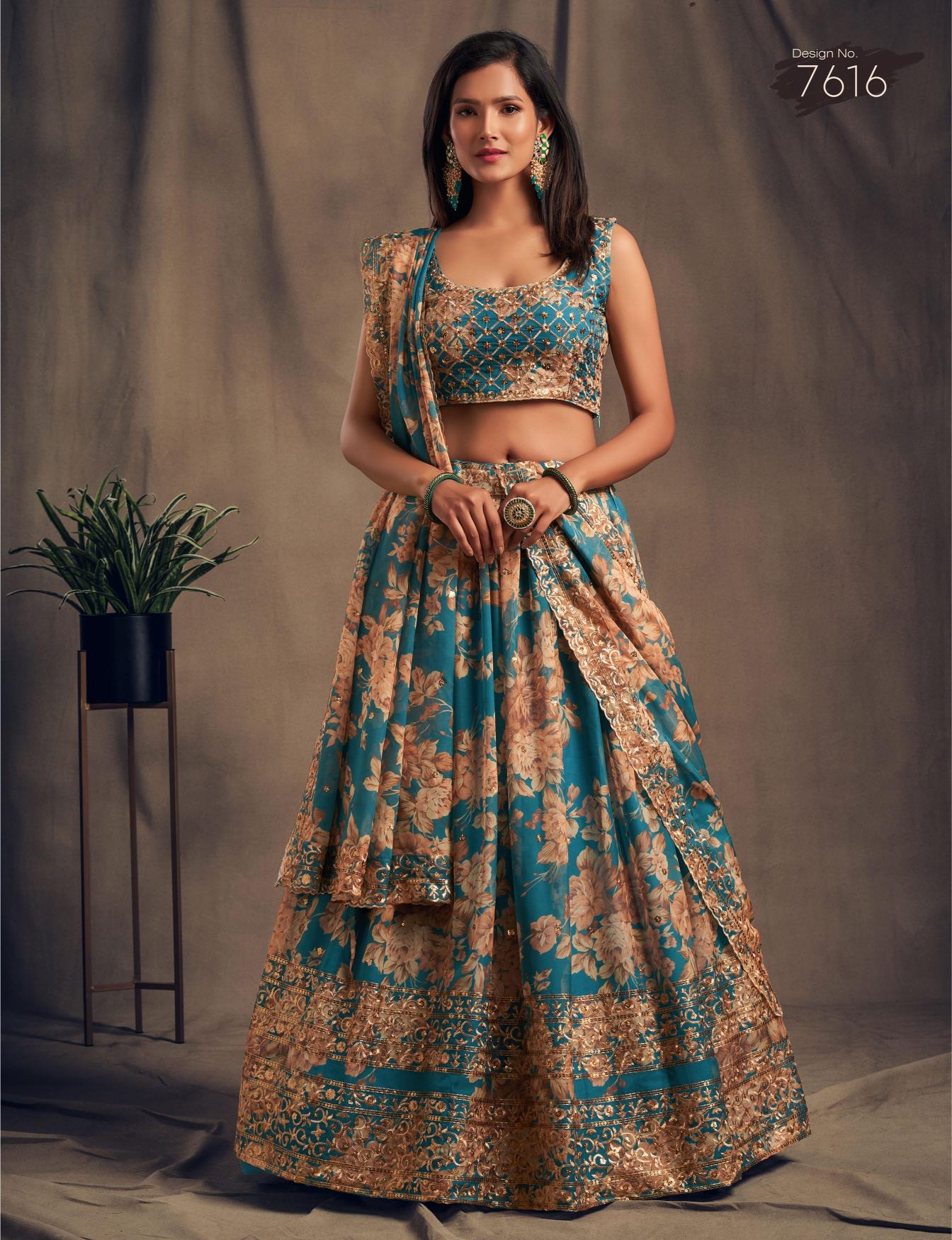 Teal Blue Organza Lehenga Choli