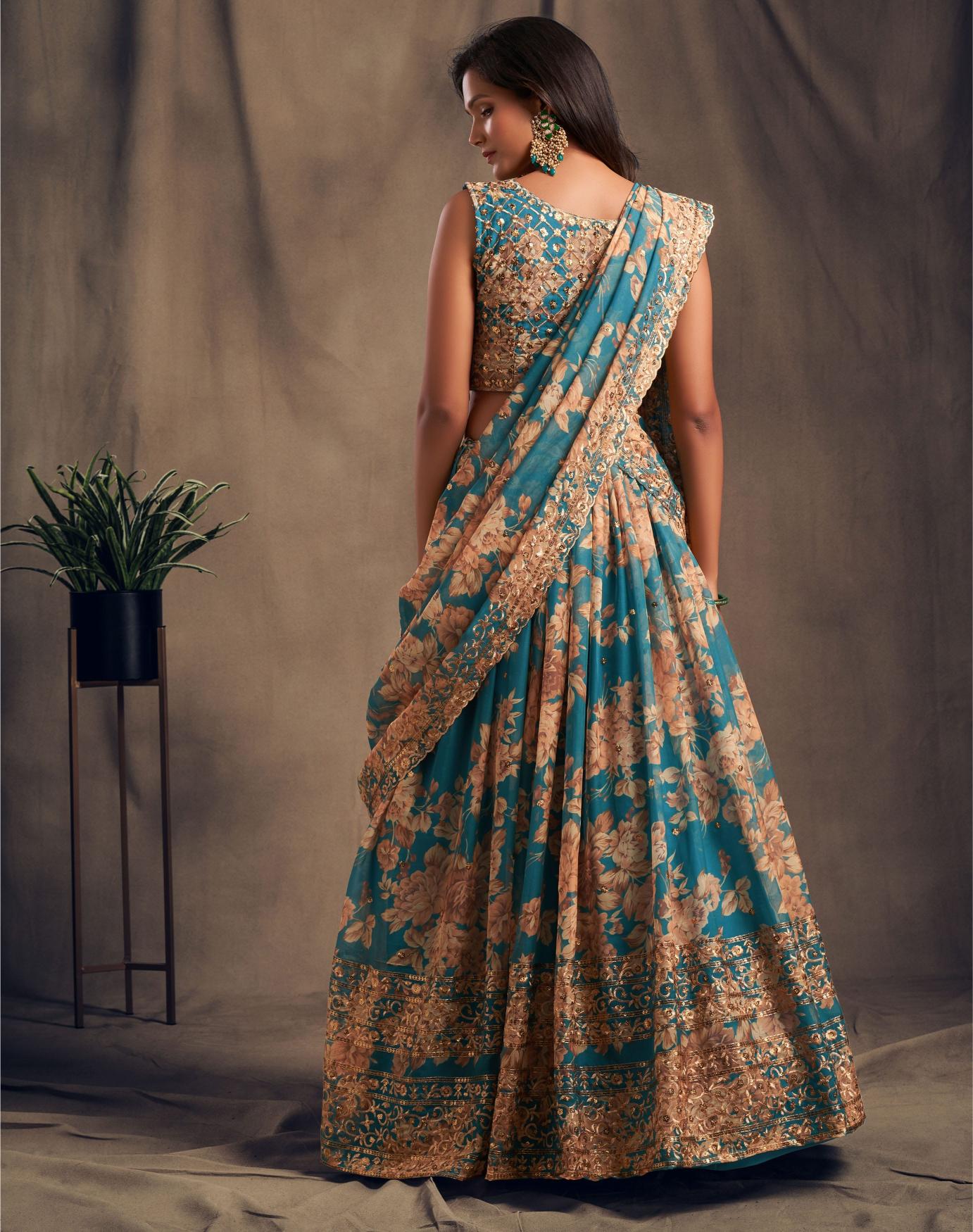 Teal Blue Organza Lehenga Choli — alternate view