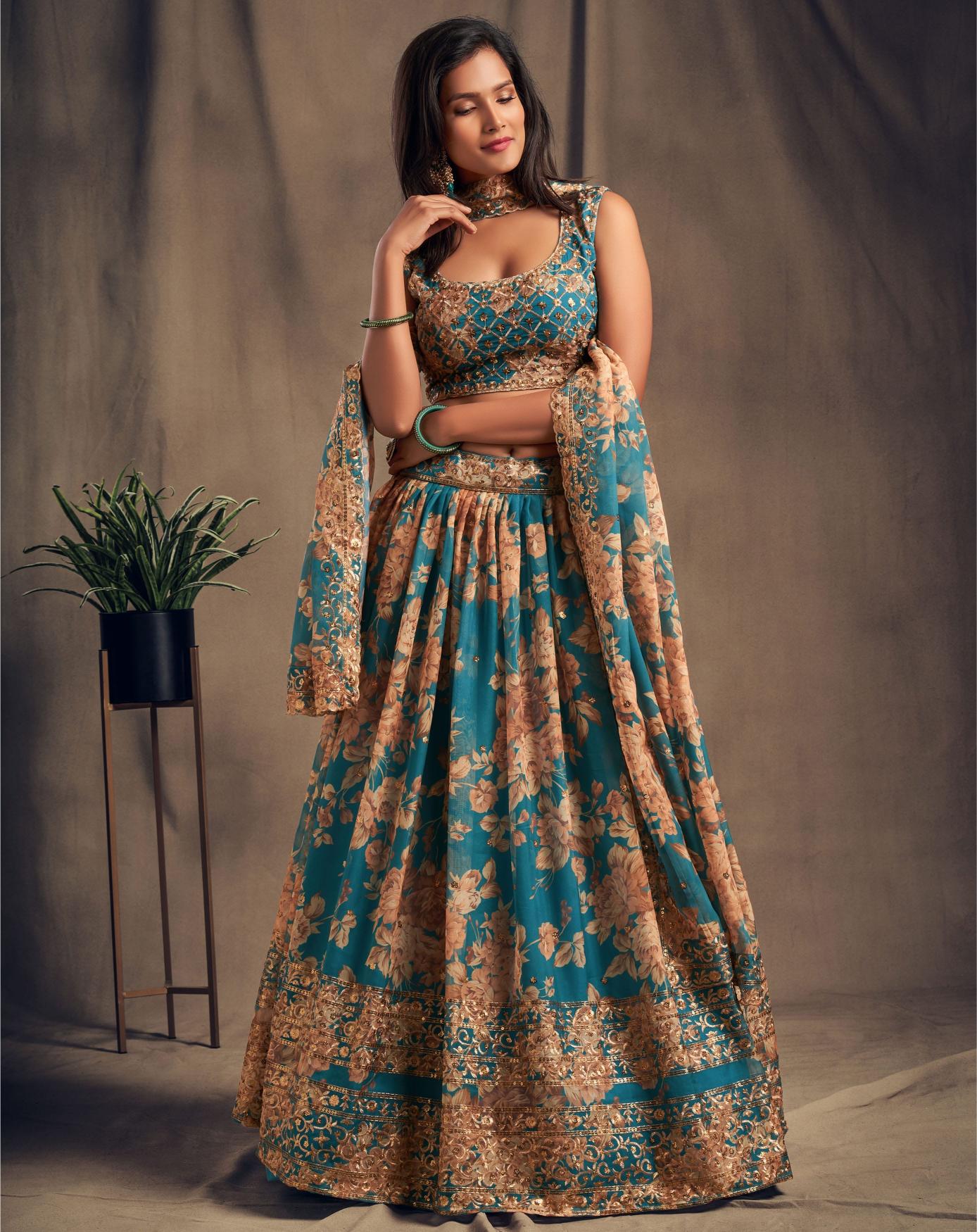 Teal Blue Organza Lehenga Choli