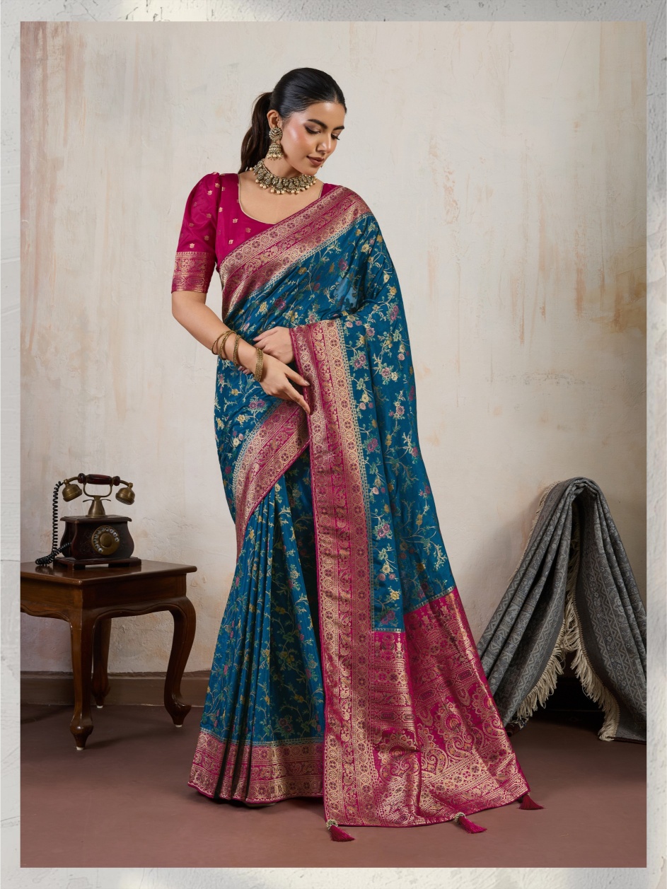 Teal Blue Paisley Meena Satin Saree