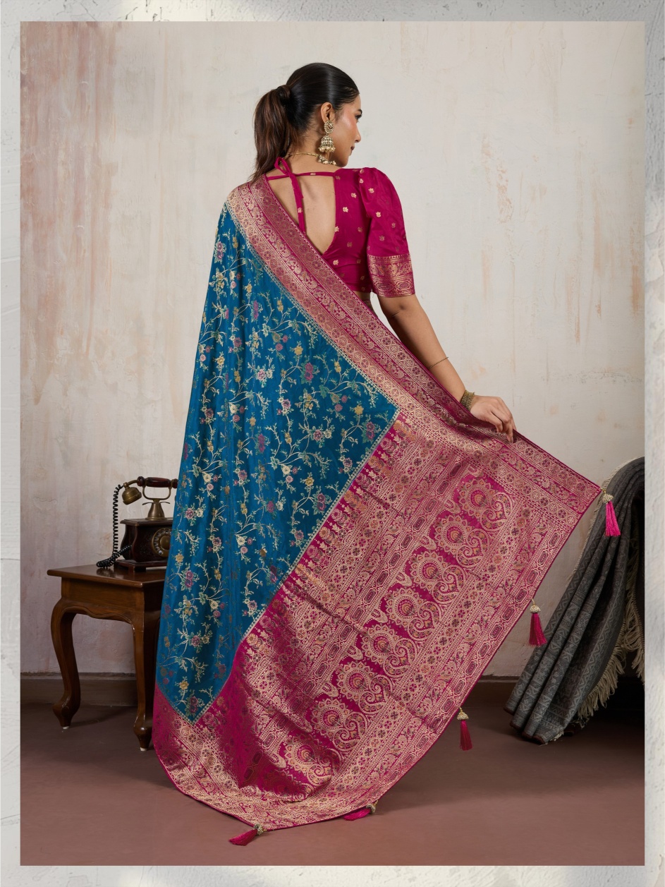 Teal Blue Paisley Meena Satin Saree — alternate view