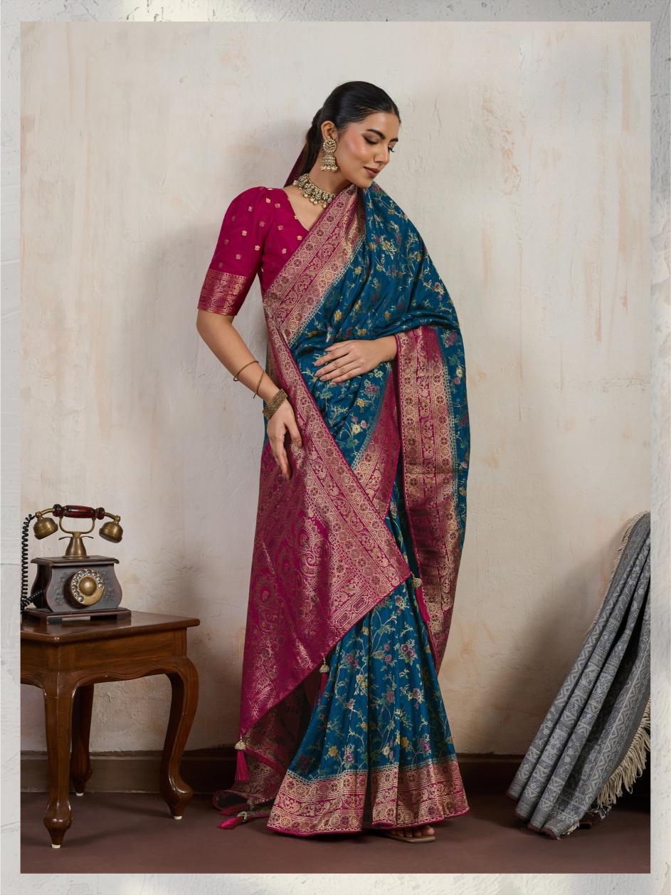Teal Blue Paisley Meena Satin Saree