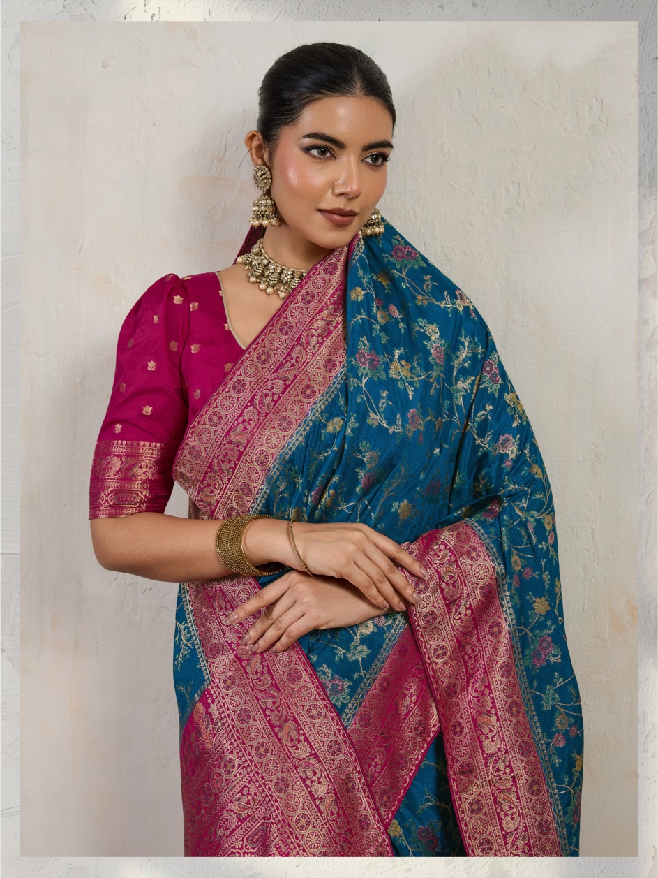 Teal Blue Paisley Meena Satin Saree