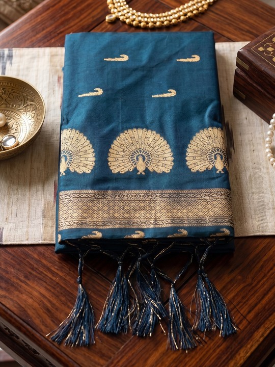 Teal Blue Paisley Woven Soft Silk Saree