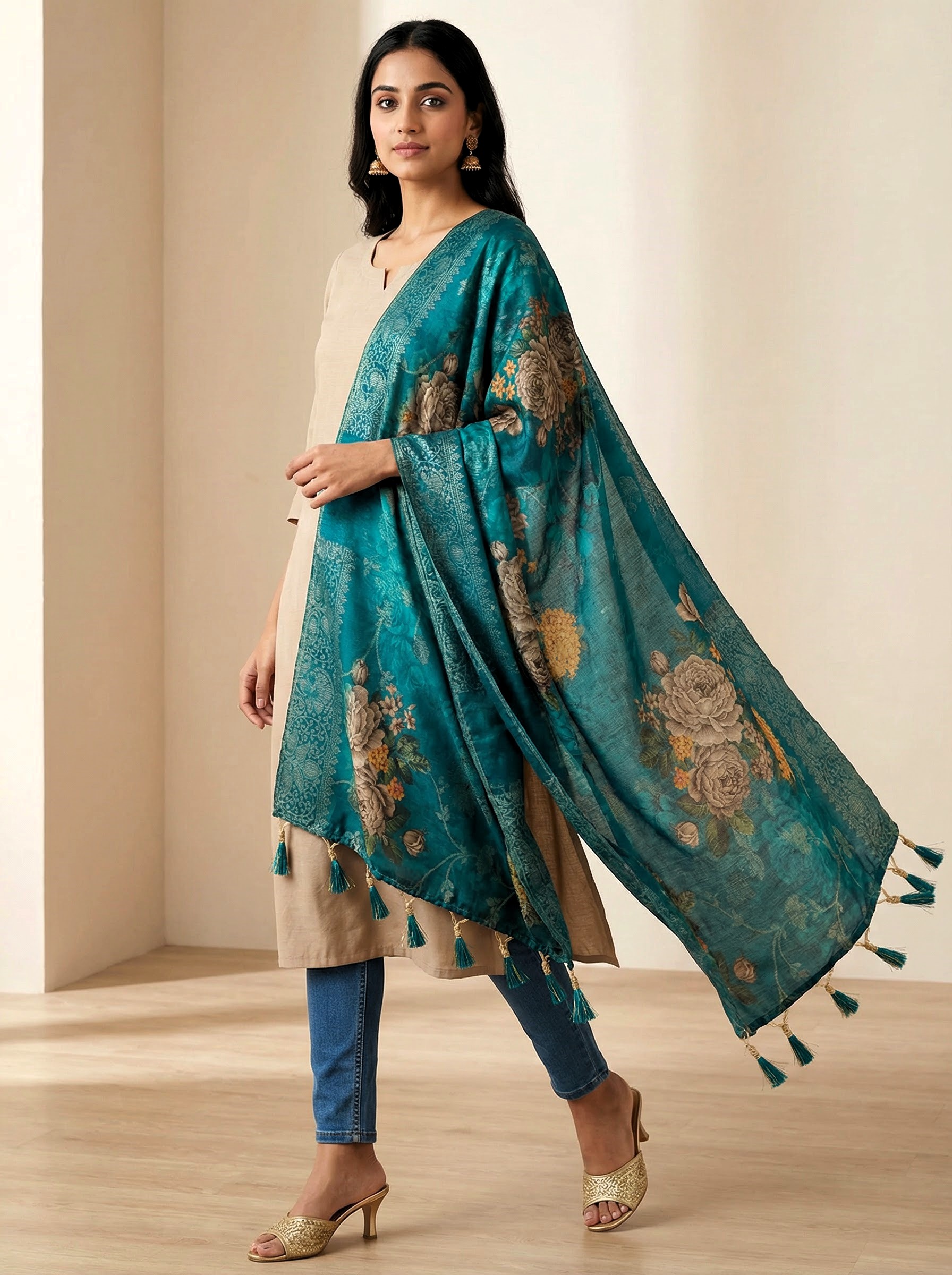 Teal Blue Peony Garden Print Jacquard Silk Designer Dupatta