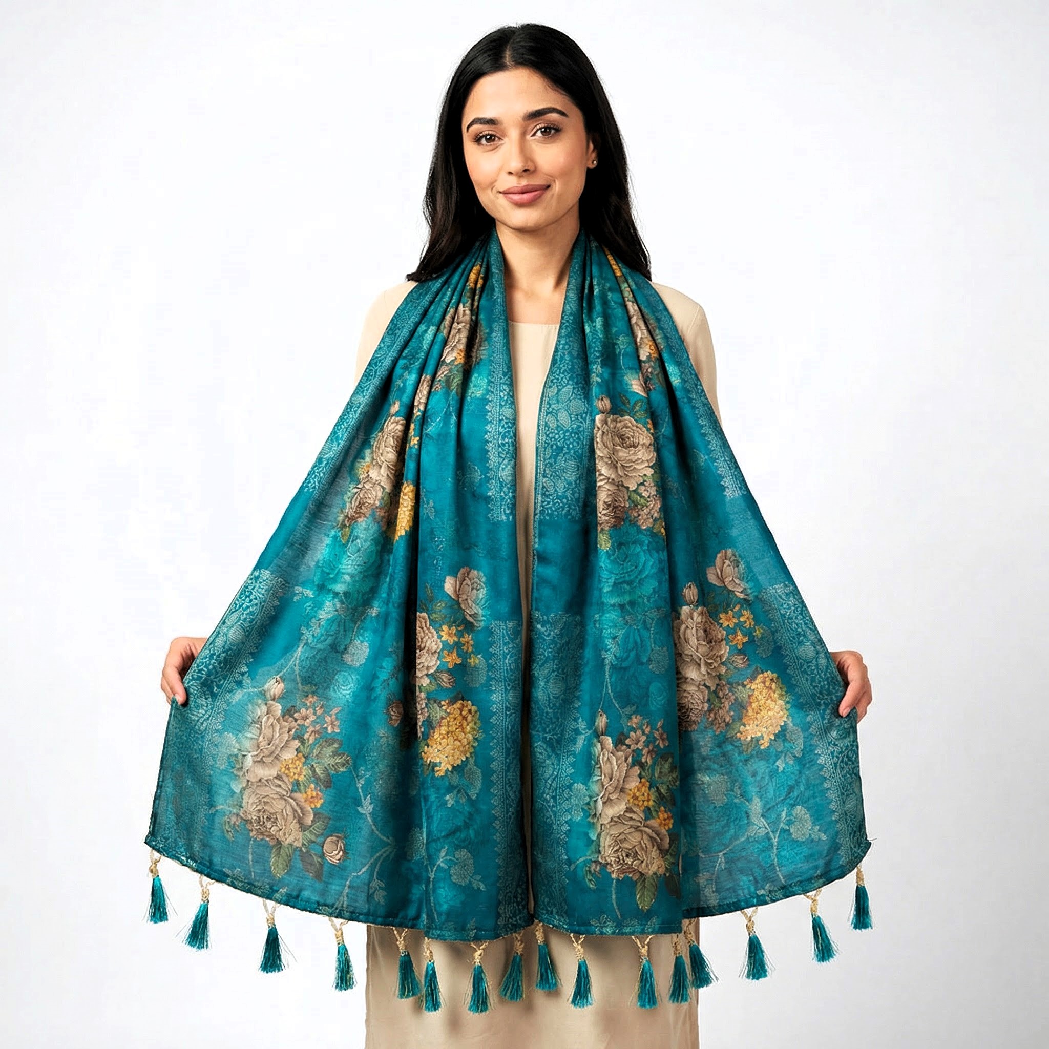 Teal Blue Peony Garden Print Jacquard Silk Designer Dupatta — alternate view