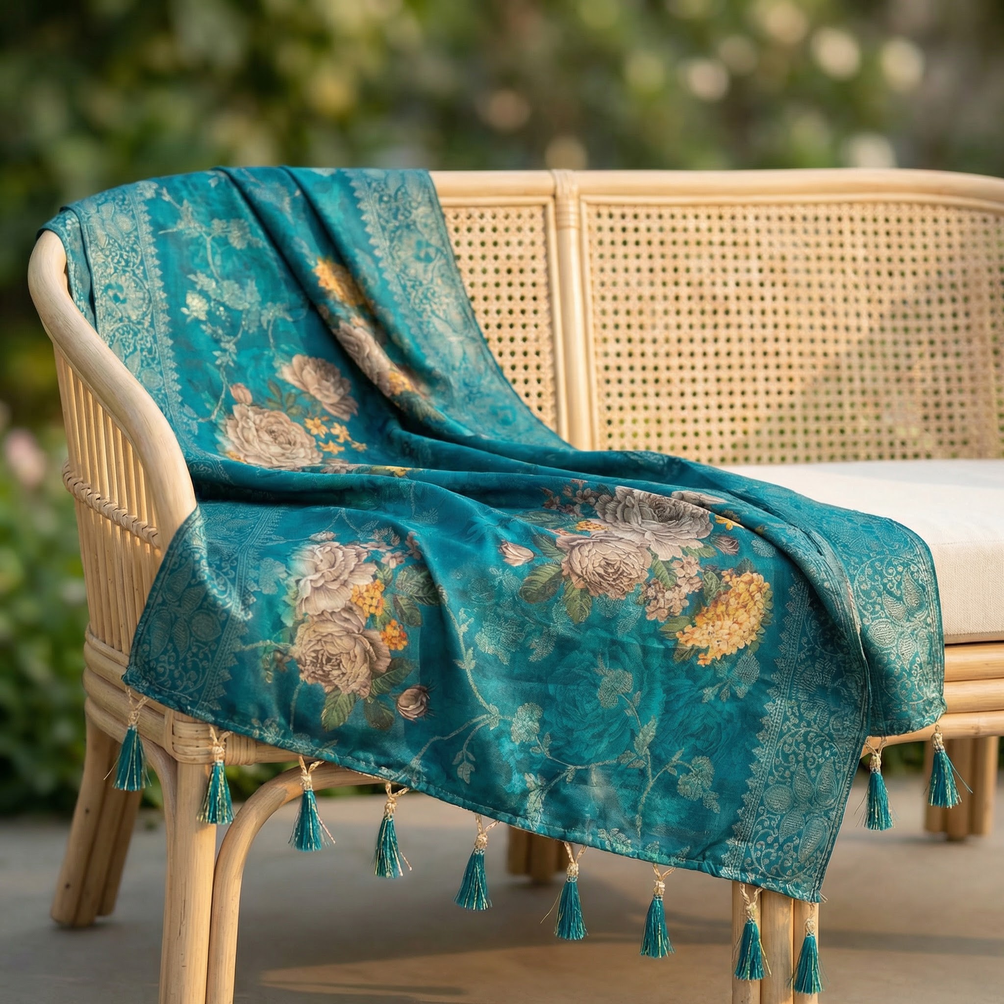 Teal Blue Peony Garden Print Jacquard Silk Designer Dupatta