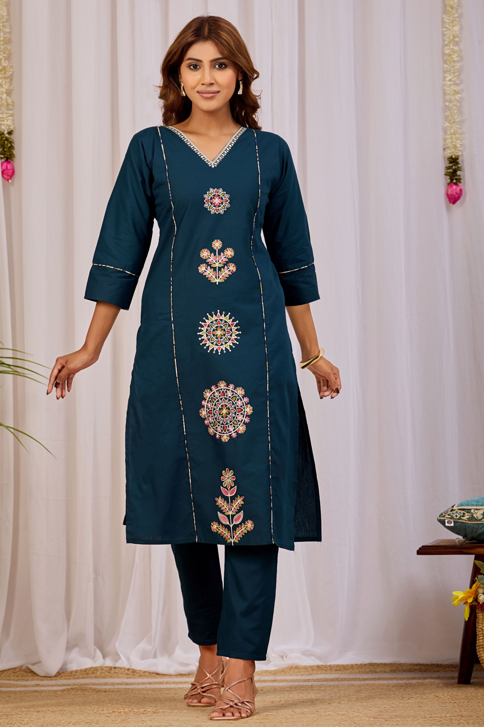 Teal Blue Printed Dhabu Cotton Kurta Set