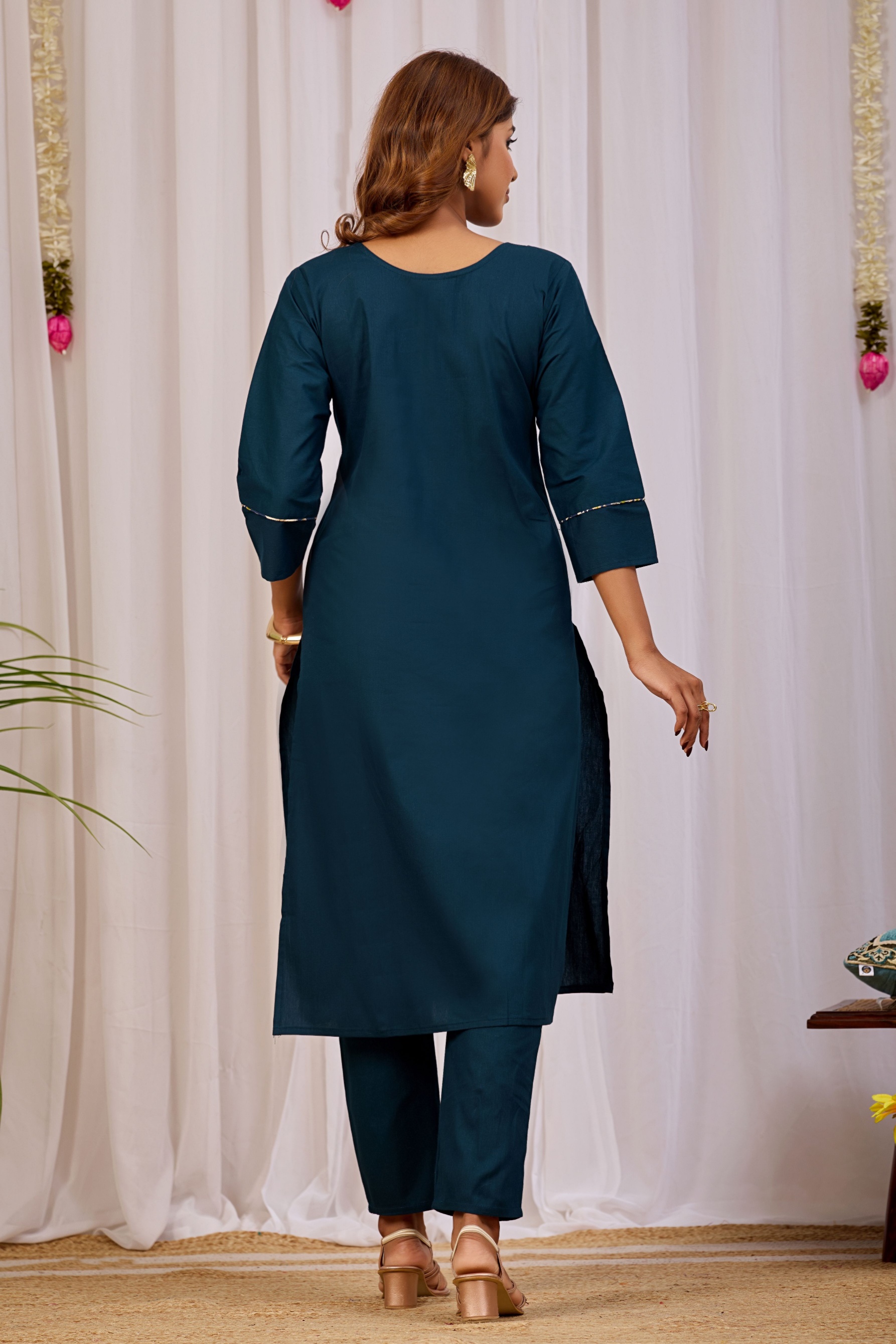Teal Blue Printed Dhabu Cotton Kurta Set — alternate view