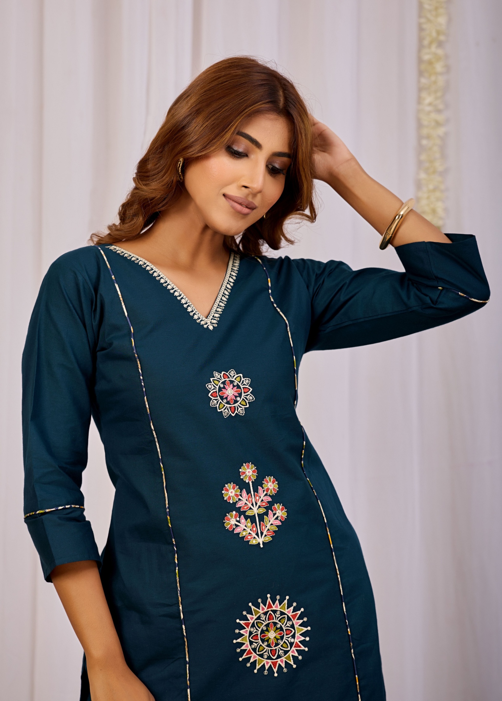 Teal Blue Printed Dhabu Cotton Kurta Set
