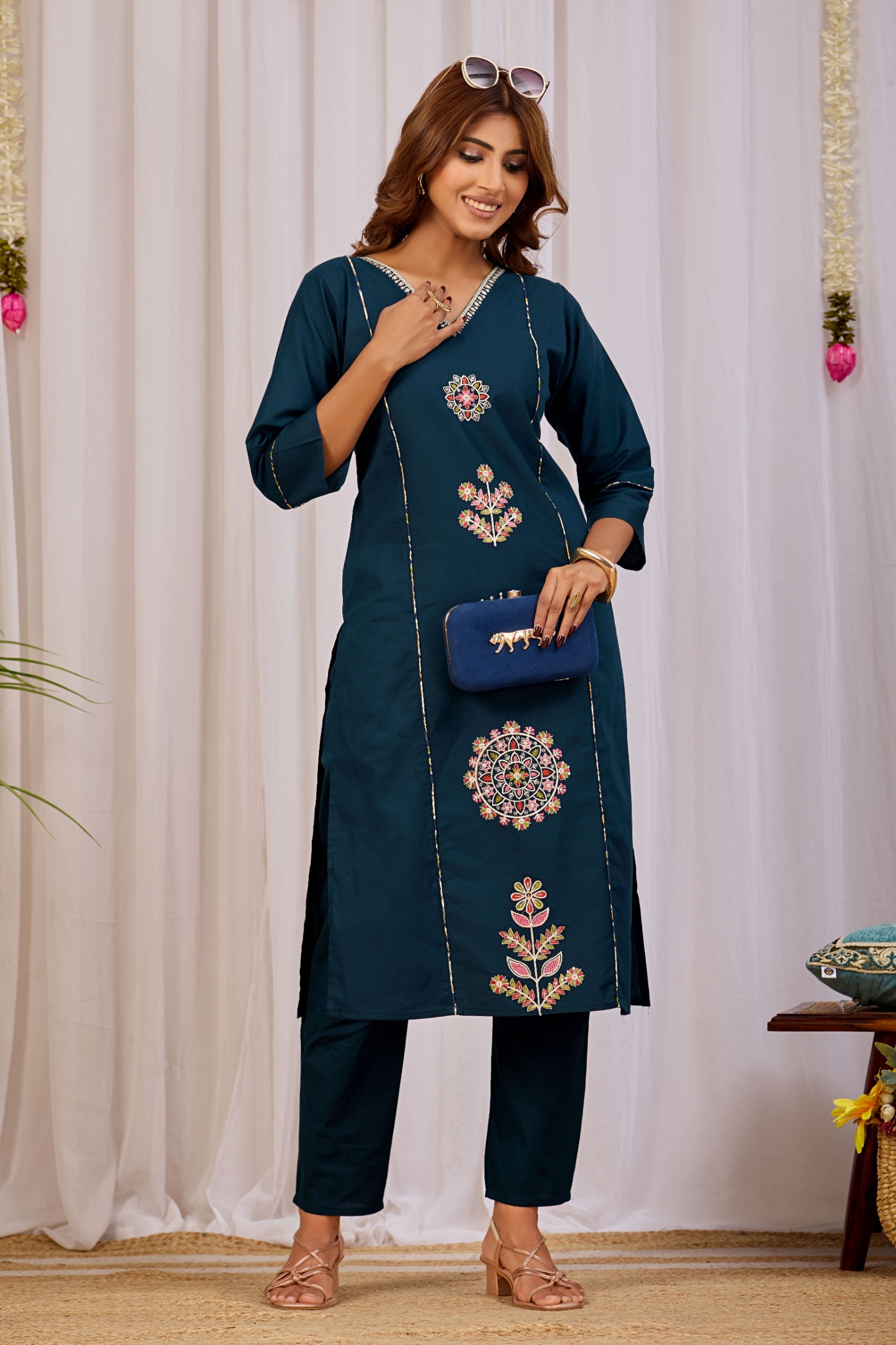 Teal Blue Printed Dhabu Cotton Kurta Set