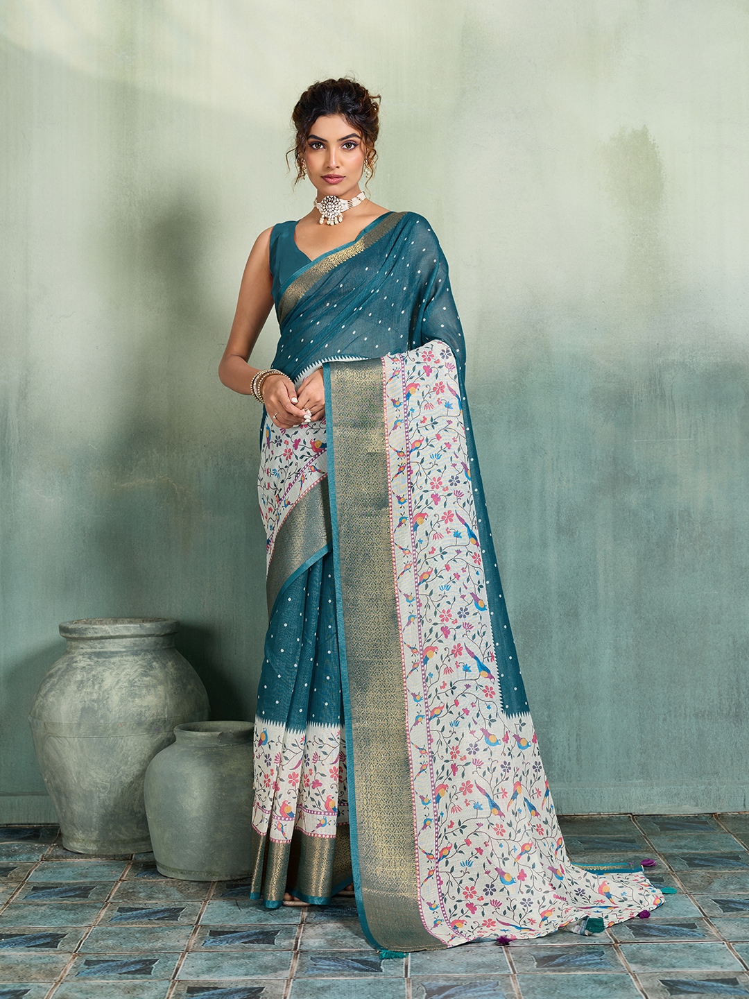 Teal Blue Printed Jari Border Linen Saree