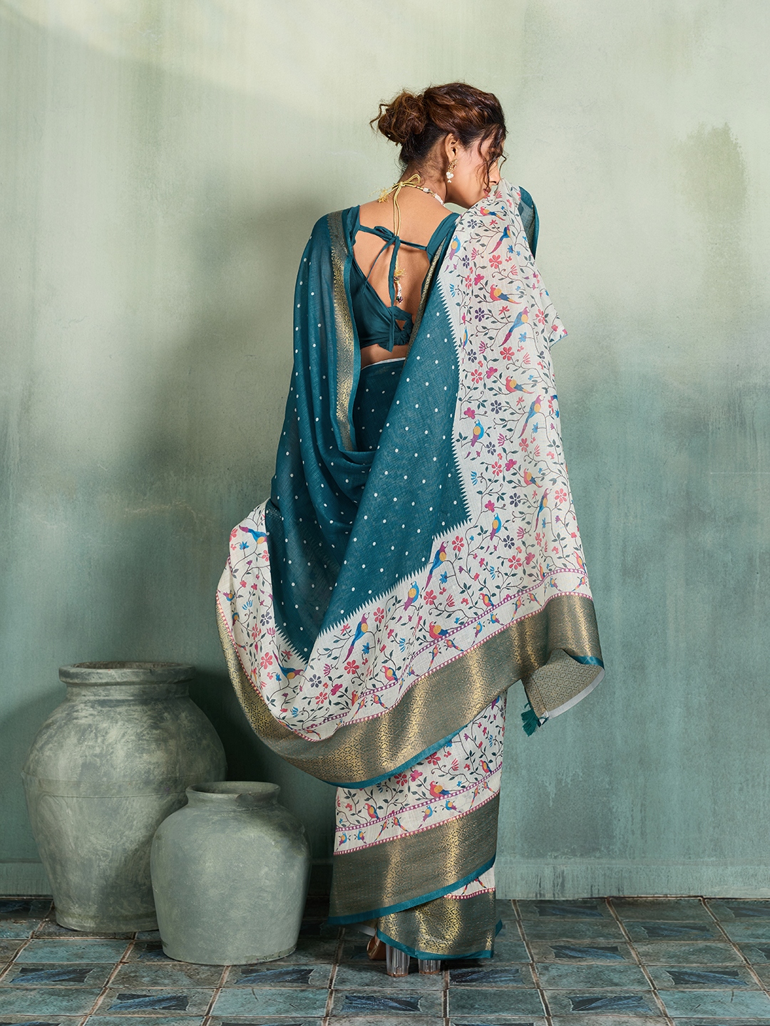 Teal Blue Printed Jari Border Linen Saree — alternate view