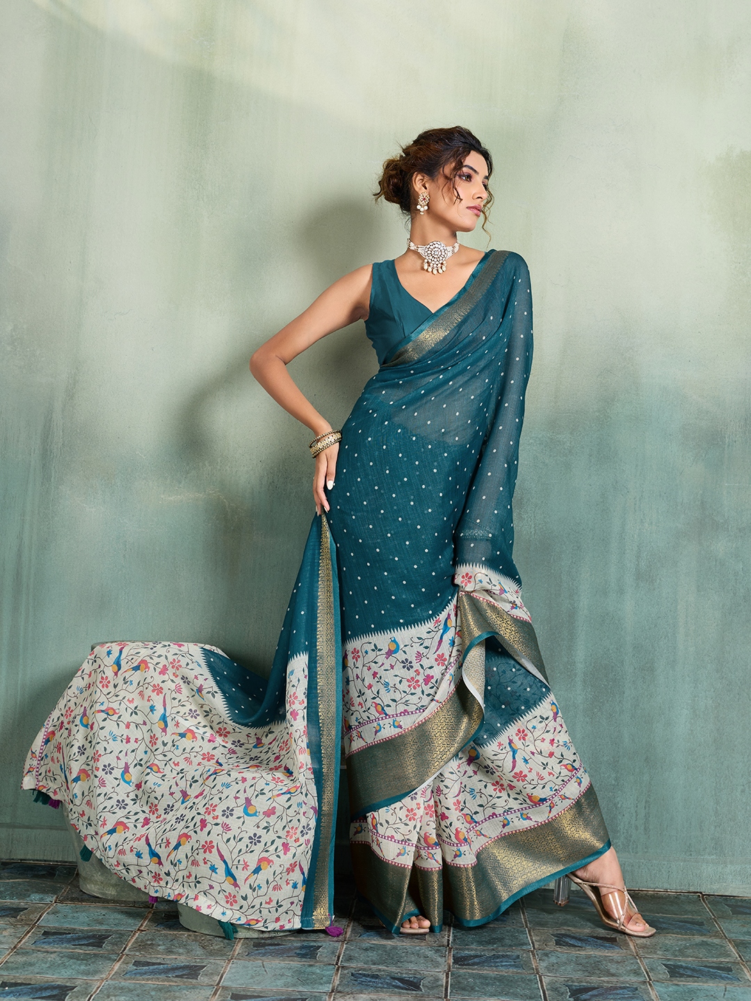 Teal Blue Printed Jari Border Linen Saree