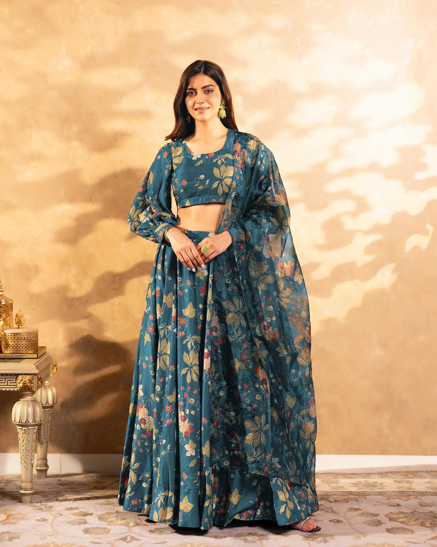 Teal Blue Printed Readymade Lehenga