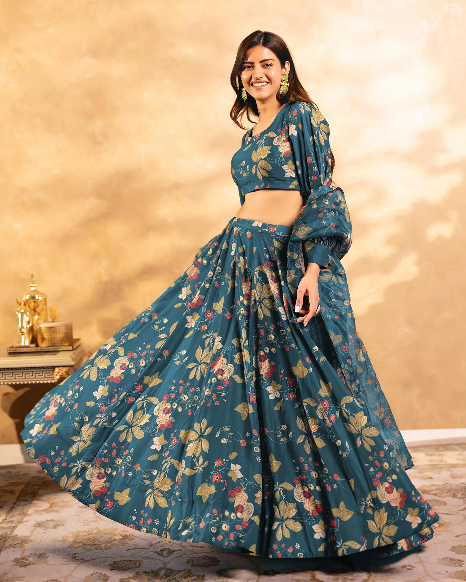 Teal Blue Printed Readymade Lehenga — alternate view