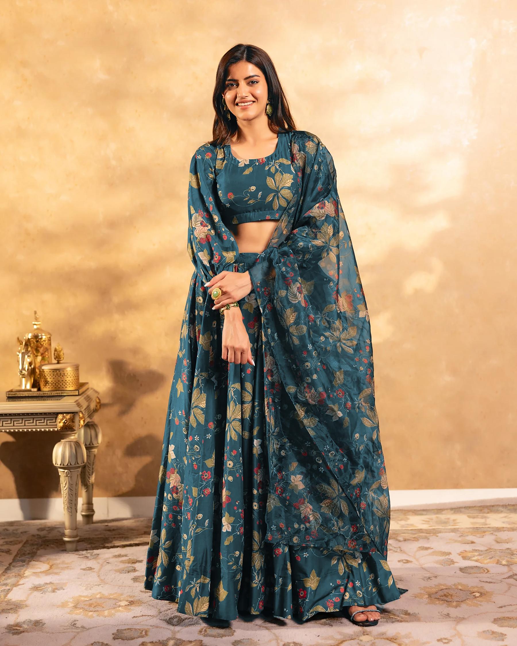 Teal Blue Printed Readymade Lehenga