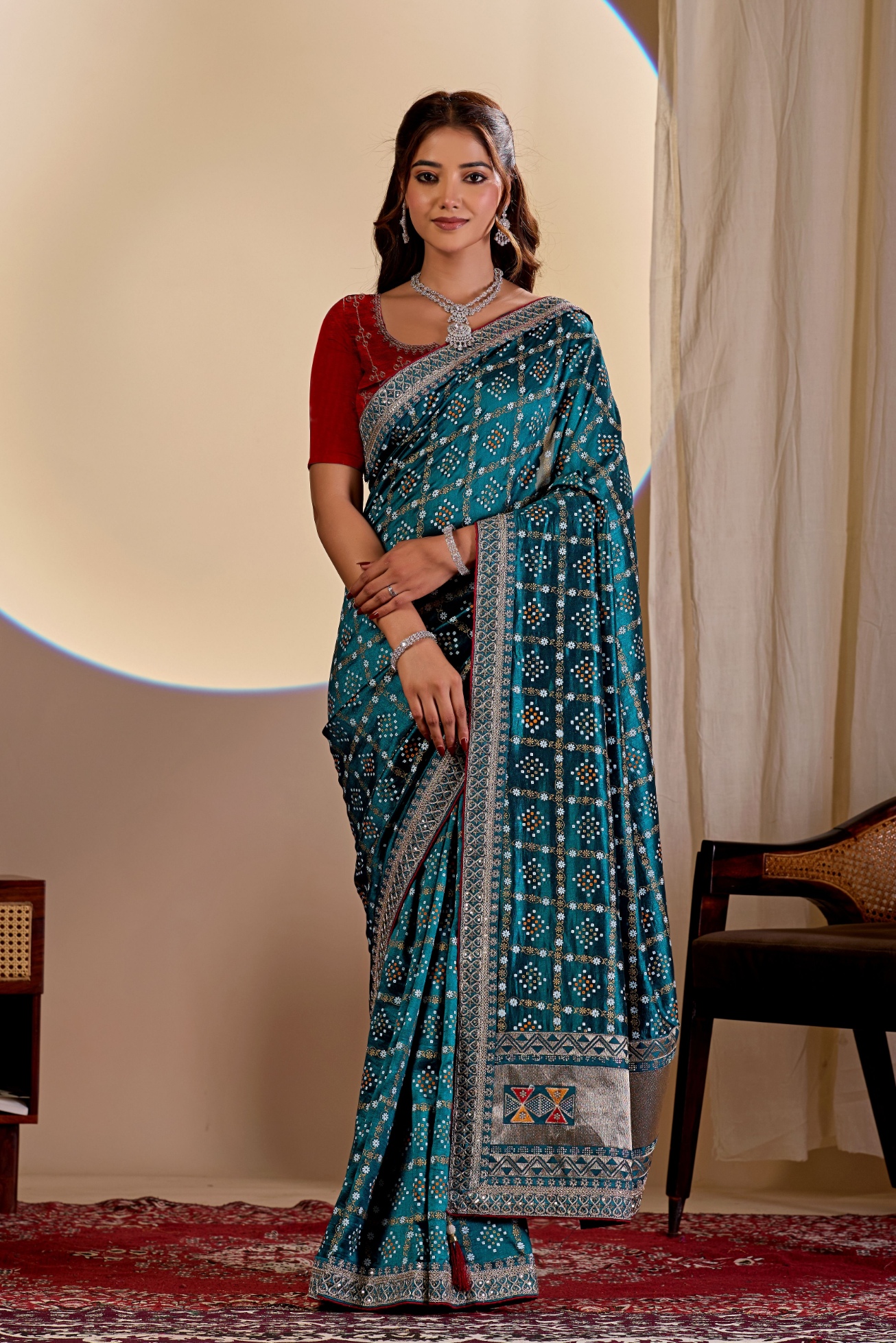 Teal Blue Printed Vichitra Saree