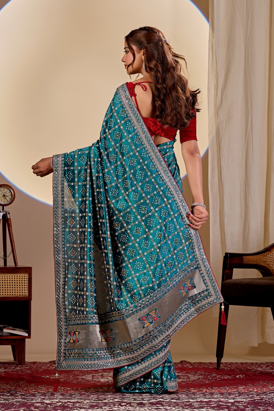 Teal Blue Printed Vichitra Saree — alternate view