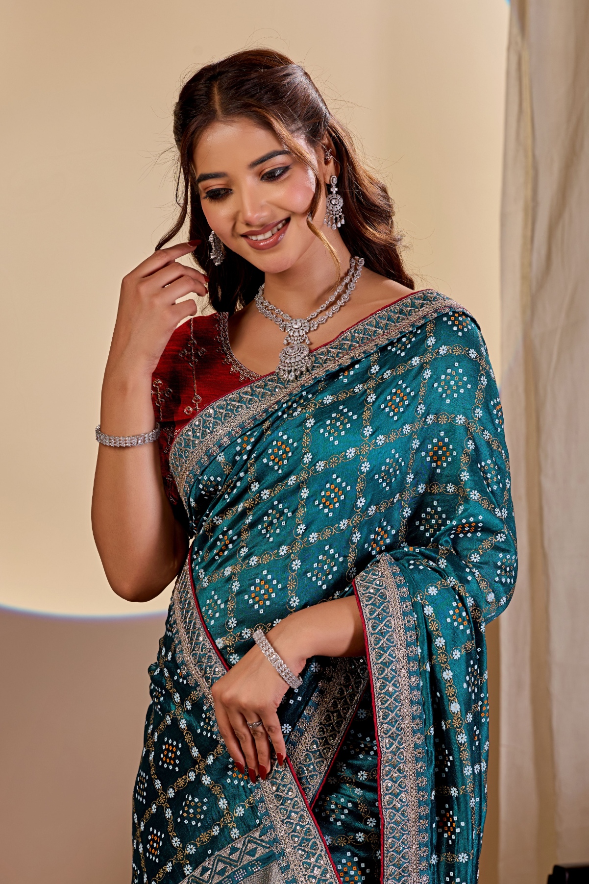Teal Blue Printed Vichitra Saree