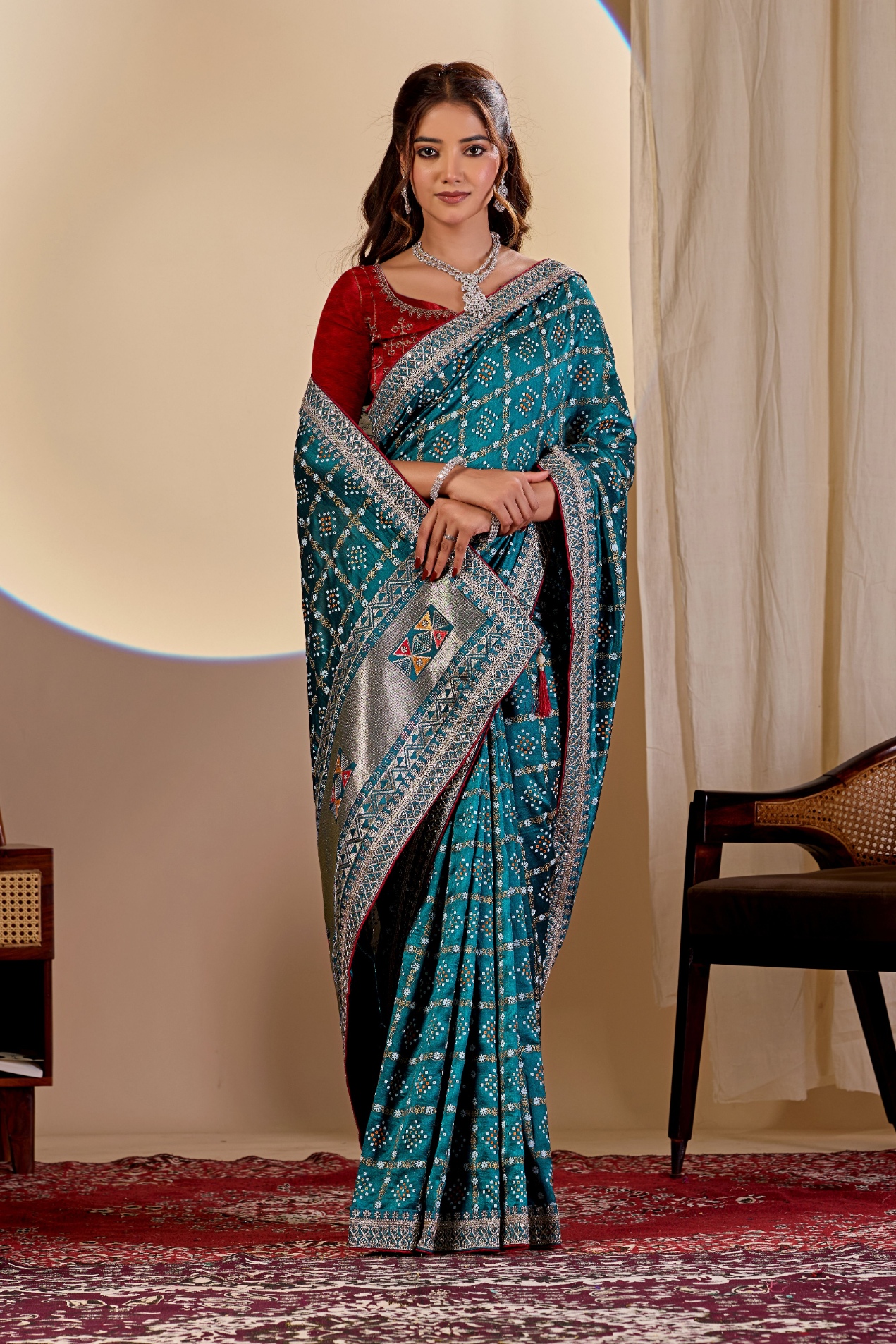 Teal Blue Printed Vichitra Saree