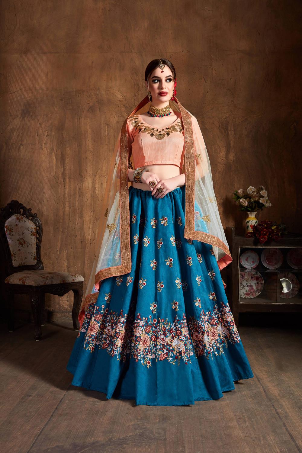 Teal Blue Raw Silk Lehenga Choli