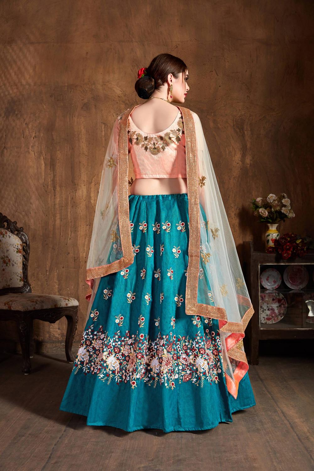Teal Blue Raw Silk Lehenga Choli — alternate view
