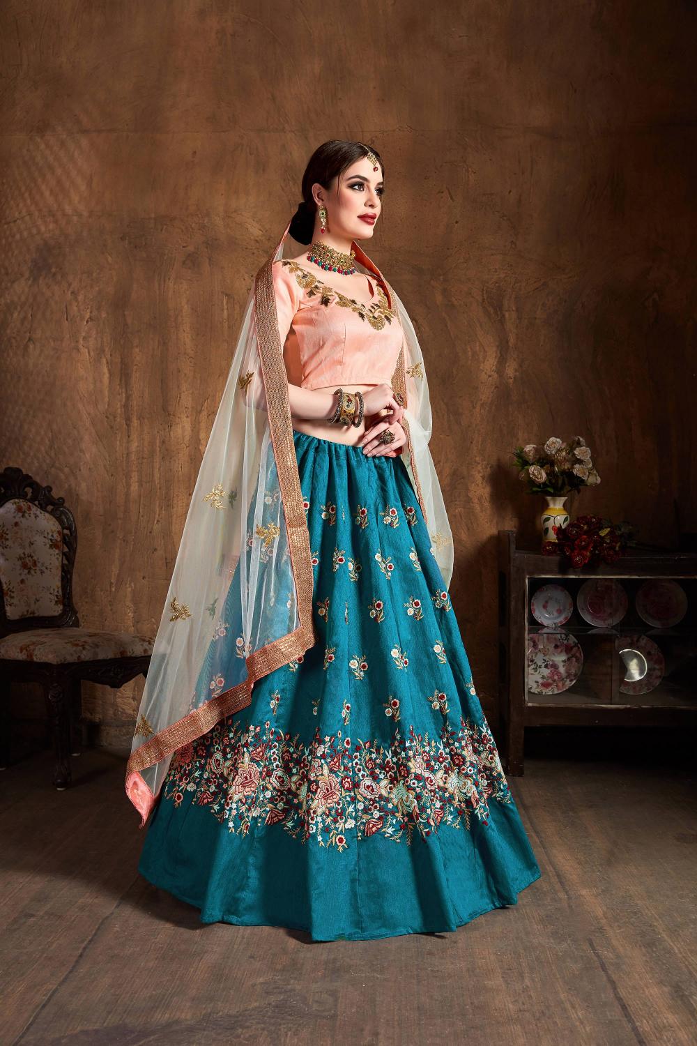 Teal Blue Raw Silk Lehenga Choli