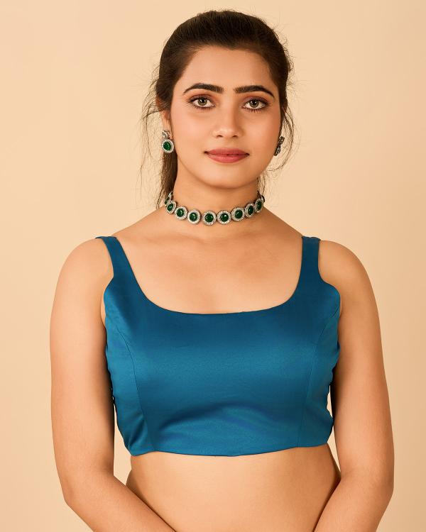 Teal Blue Satin Readymade Blouse