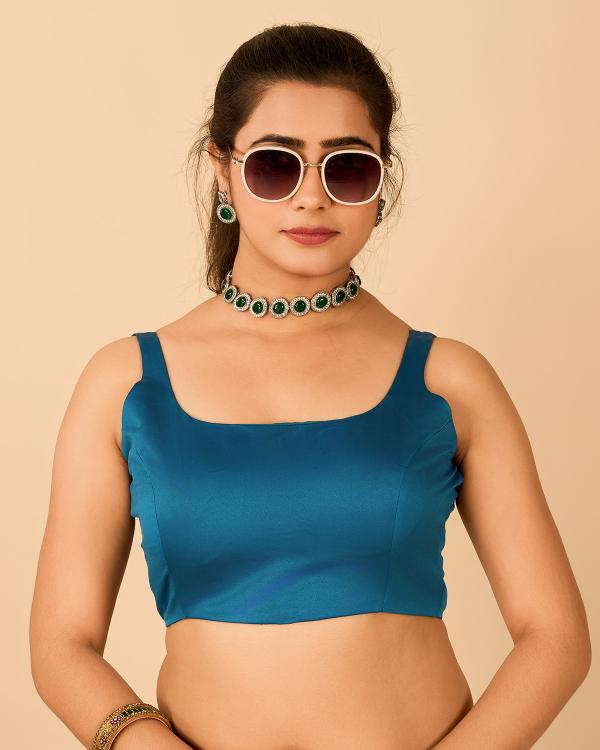 Teal Blue Satin Readymade Blouse