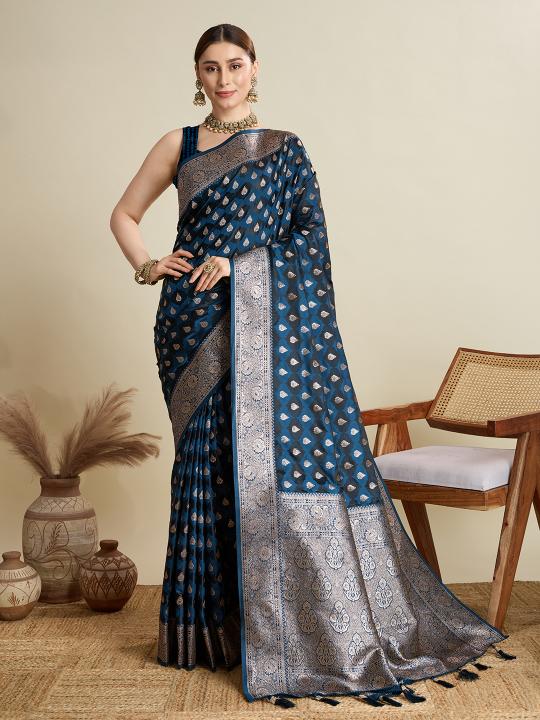 Teal Blue Satin Silk Saree