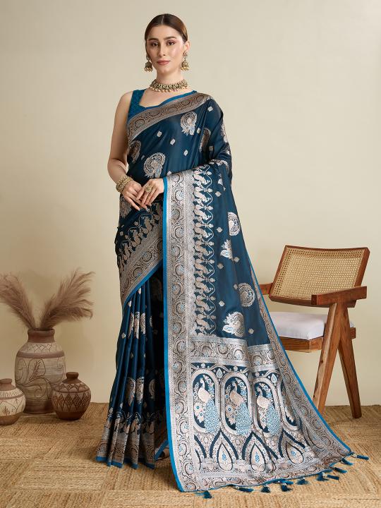 Teal Blue Satin Silk Saree